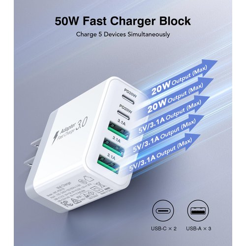 USB C Charger Block, [2-Pack] 50W 5-Port USB C Wall Charger Type C Charger Fast Charging Blocks Cube, Multiple Ports PD Power Adapter QC Wall Plug for iPhone 16 15 14 13 12 Pro Max Galaxy Tablet