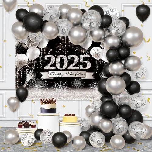 AIBIIN 79pcs 2025 Happy New Year Decorations Kit New Years Eve Party Supplies Black and Silver 2025 New Year Backdrop Banner Party Decorations for Happy New Year Party Decoration