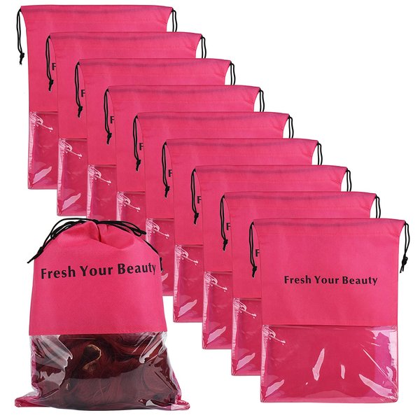 10 Packs Wig Storage Bags with Drawstring Hair Extensions Holder Hairpieces Carrier Organizer Dustproof Protector Pouch for Travel Daily Use (Small,Rose red)