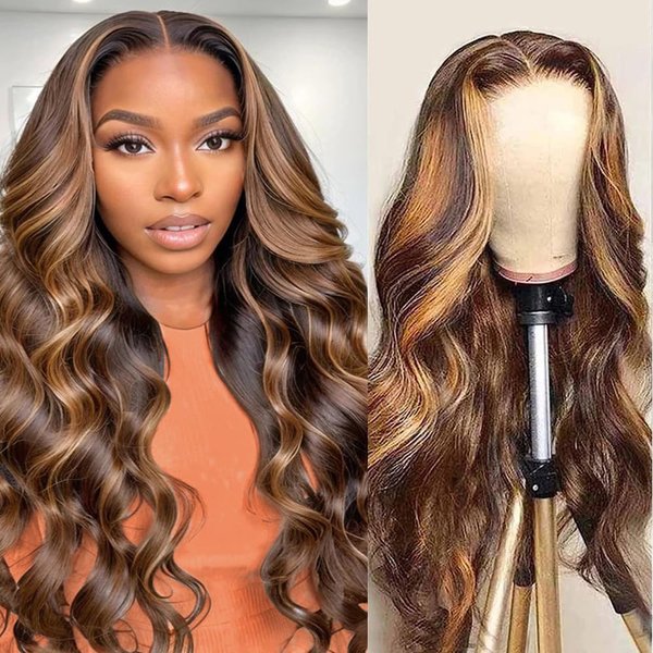 Beliself Ready to Wear Glueless Wig Human Hair Pre Plucked Pre Cut 5x5 HD Lace Closure Wigs Human Hair Body Wave Lace Front Wigs 180% Density 4/27 Ombre Highlight Honey Blonde Wig Human Hair 20 Inch