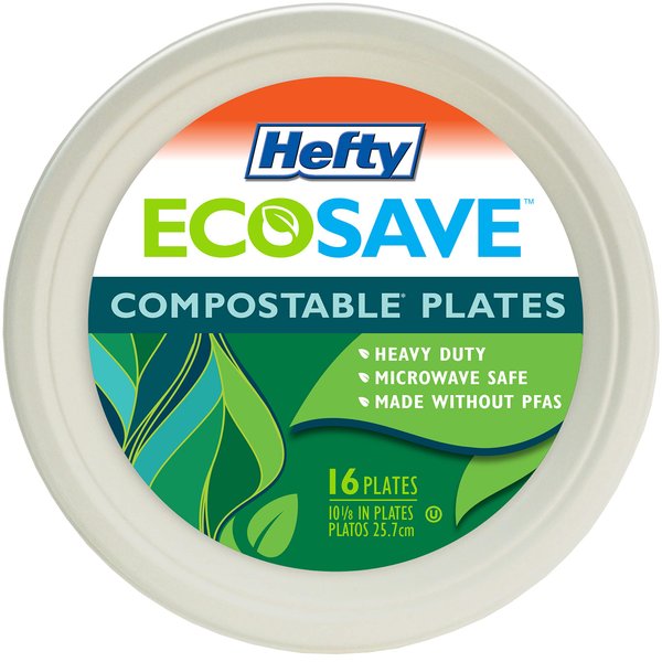Hefty ECOSAVE 100% Compostable Paper Plates, 10-1/8 Inch, 16 Count
