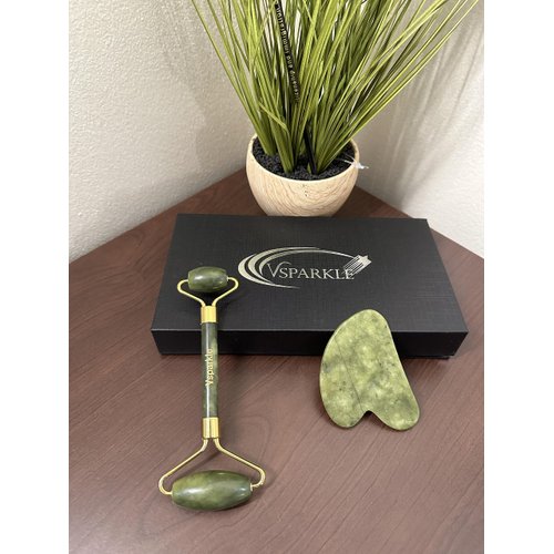 Vsparkle Gua Sha Facial Tools & Jade Roller Set for Skin Care, Reduce Puffiness and Improve Wrinkles, Guasha Tool for Face, Gua Sha Stone Self Care Gift for Woman Man