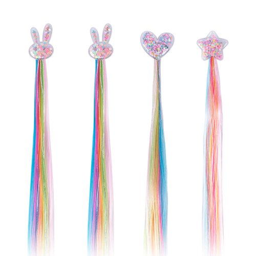 4 Set Hair Extensions Clip - Colored Straight Curly Hair Extensions Clips, Cute Rabbit Star Accessories Hair, Extensions for Kids Ponytails Girls, Rainbow Thick Wig Clip in Fake Bangs (Quicks Hair)