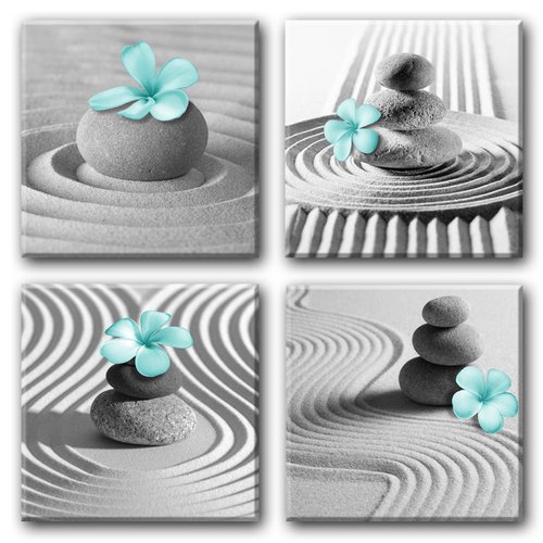 Yxbhhym Gray Wall Art Zen Wall Art Teal Floral Paintings Black and White Decor Zen Stone Sand Pebble Canvas Flower Artwork for Wall Home Decoration Bathroom Wall Decor 12''x12''x4pcs