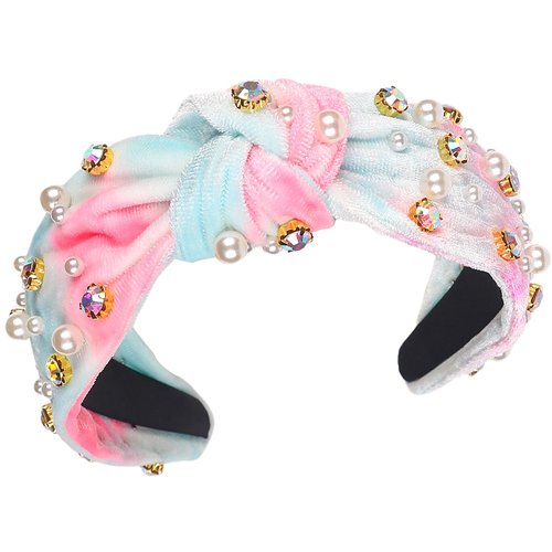 SeBneny Crystal Rhinestone Headbands for Women Pearl Knotted Headband Diamond Velvet Tie Dye Headwear Pink Fabric Broad Cute Top Knot Headband Gift for Women Party Supplies 1PCS