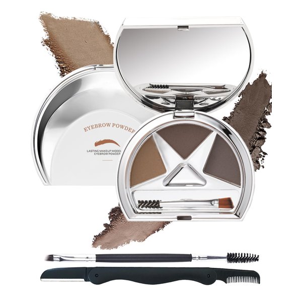 Eyebrow Powder Kit-3 Colors Longlasting Waterproof Eye Brow Powder Palette,Tinted Brow Powder Medium Dark Grey Brown Brow Filler,Fill & Sculpt Eyebrow, Makeup Gift for Women,With Brow Tool-Set 02