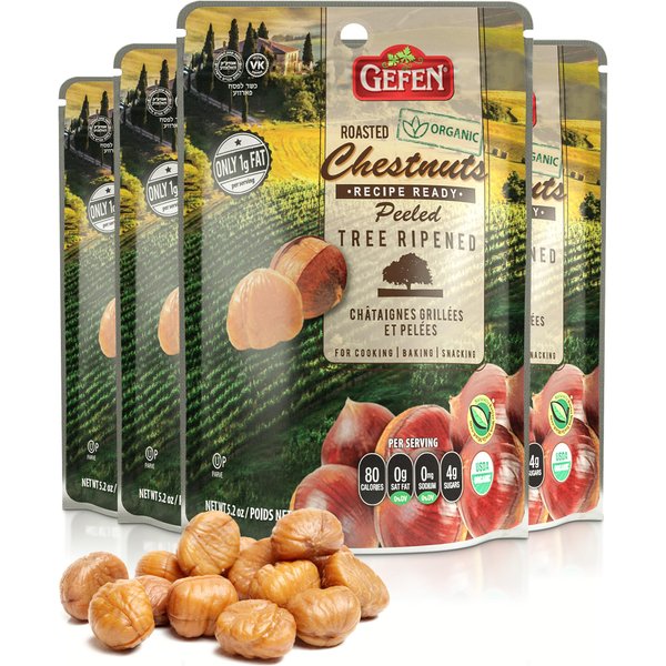 Gefen Organic Whole Peeled and Roasted Chestnuts, 5.2oz (4 Pack) | Chestnuts Peeled and Ready to Eat | Great for Cooking & Baking | Gluten Free | Kosher