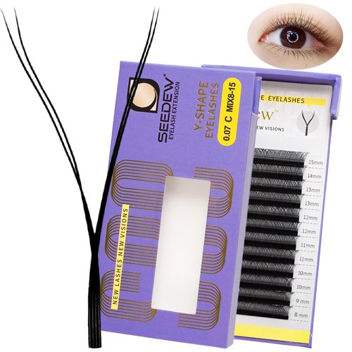 SEEDEW YY Lash Extensions, Natural Lash Clusters, Y Shape Lash Tray, Soft Fluffy Curved Rapid Fans Supplies for Beginner Lash Artist Tech, Eyelash Extension Beauty Salon(Matte Black-0.07-C-MIX8-15mm)
