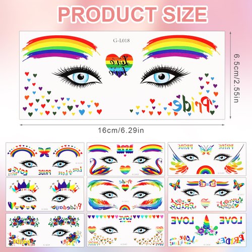 10 Sheets Pride Tattoos, 6.3x2.56 Inch Rainbow Temporary Tattoos Rainbow Face Tattoo Pride Eyes Tattoos for Pride Festivals Party Decoration