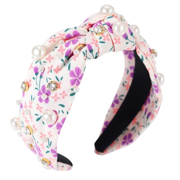 Gmmidea Floral Knotted Headbands for Women Girls Spring Summer Pearl Rhinestone Jeweled Hairband Wide Twisted Cute Flower Pattern Headband Boho Beach Hair Accessories A-Purple