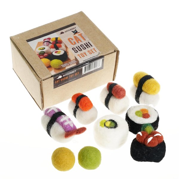 Woolbuddy Cat Toy - Cat Sushi Toy, 8pcs, Wool Cat Toy for Boredom & Stimulating, Cute Interactive Cat Toys for Indoor Cats, Self Play Cat Kitten Toys, Cat Chew Toy, Cat Enrichment Without Catnip