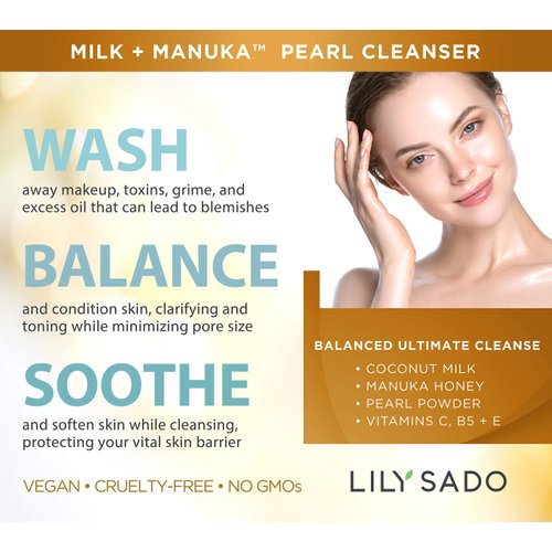 LILY SADO MILK+MANUKA Coconut Milk & Manuka Honey Gentle Gel Face Cleanser - Natural Cruelty-Free Facial Wash Cleanses, Balances, Soothes & Hydrates - Reduces Pores & Blackheads - 5oz