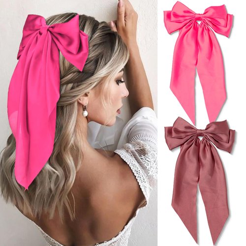 FULZTEY Hot Pink Hair Bow Clips for Women Big Silky Satin Bows Hair Clip Kawaii Layered Bowknot Hair Ribbons with Long Tail French Style Barrettes Alligator Hair Accessories for Teen Girls 2pcs