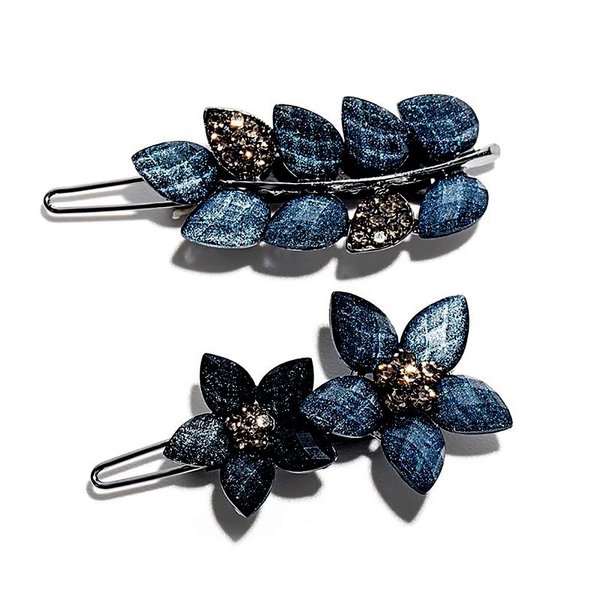 2Pcs Rhinestone Hair Clips Ink-Blue Flower Hair Barrettes Sparkly Glitter Crystal Hair Clips Barrettes Crystal Beads Hairpin Shiny Decorative for Women Girls Bridal Hair Styling Accessories