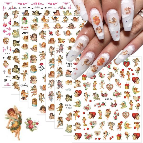9 Sheets Angel Nail Stickers 3D Self-Adhesive Cupid Nail Art Stickers Eros Flowers Heart Nail Art Supplies Design Valentine's Day Nail Decals for Women Girls Acrylic Nails Manicure Decorations