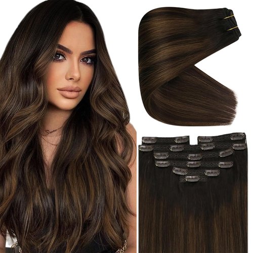Ve Sunny Clip in Hair Extensions Real Human Hair Brown Short Human Hair Clip in Extensions Dark Brown Balayage Medium Brown Clip in Human Hair Extensions 5pcs 80g 12inch