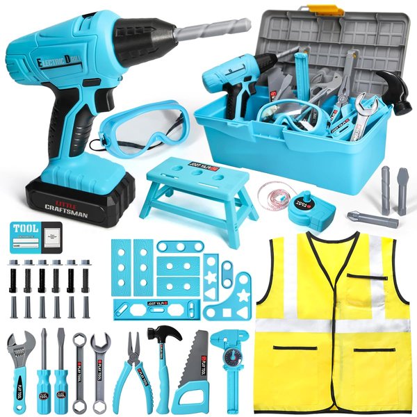 LOYO Kids Tool Set - 50 PCS Pretend Play Kids Toy Tool Box with Kids Construction Vest and Electronic Toy Drill Set for Toddlers Boys Ages 3 , 4, 5, 6, 7 Years Old Christmas Birthday Gift (Blue)