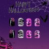 Halloween Press on Nails Short Square Fake Nails with Mummy Bat Design Spider Web Ghost Glitter False Nails Purple Full Cove Acrylic Glue on Nails Cute Artificial Stick on Nails for Women Party 24 Pcs