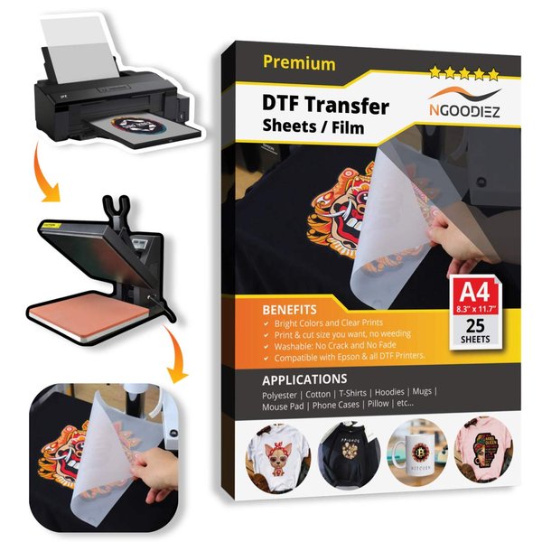 NGOODIEZ DTF Transfer Film Double-Sided Matte Clear DTF Transfer Paper PreTreat Sheets, PET Heat Transfer Paper Suited for All Modified Desktop DTF Printers - A4 (8.3" x 11.7"), 25 DTF Film Sheets