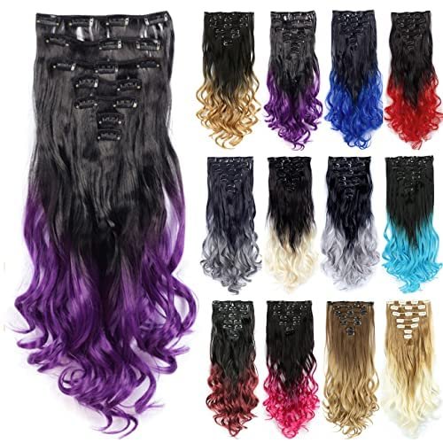 IMISSU 7PCS Set Long Curly Clip in Hair Extension Ombre Color Full Head Hair Extensions Hairpiece for Girl (Ombre Purple)