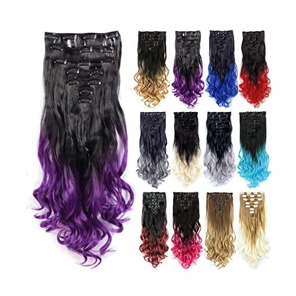 IMISSU 7PCS Set Long Curly Clip in Hair Extension Ombre Color Full Head Hair Extensions Hairpiece for Girl (Ombre Purple)