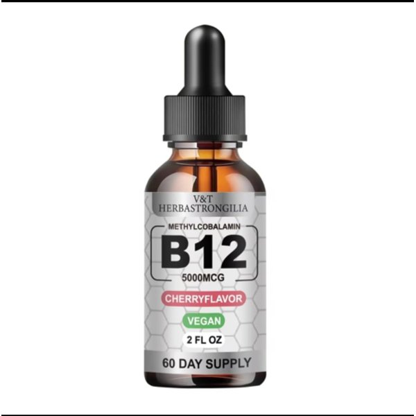 V&T Herbastrongilia Vitamin B12 Drops, 5000mcg Methylcobalamin, Cherry Flavor, Vegan, 2 fl oz, 60 Day Supply
