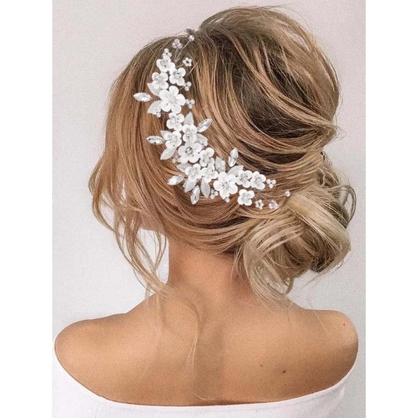 Unicra Silver Flower Bride Wedding Hair Vine Pearl Bridal Hair Piece Rhinestone Hair Accessories Leaf Headband for Women and Girls