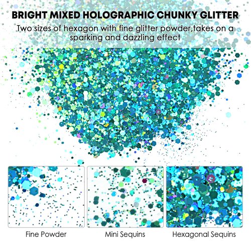 HTVRONT Holographic Chunky Glitter - 100g Peacock Blue Glitter for Resin, 3.53oz Iridescent Glitter Chunky Mixed with Fine Glitter, Shaker Cap Chunky Glitter for Craft, Tumbler, Nail Glitter