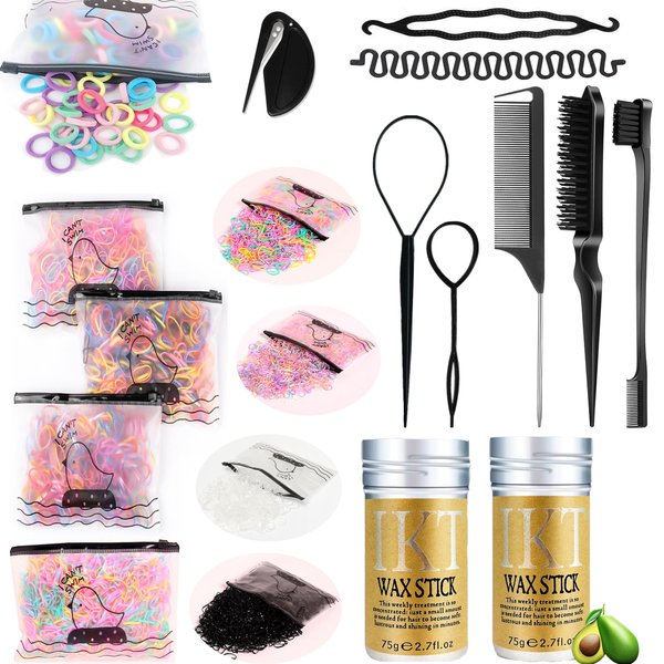 Elastic Hair Ties for Kids, Mini Hair Rubber Bands with Hair Wax and Slick Back Hair Brush Set, Colorful Baby Elatic Hair Bands Hair Accessories for Girls