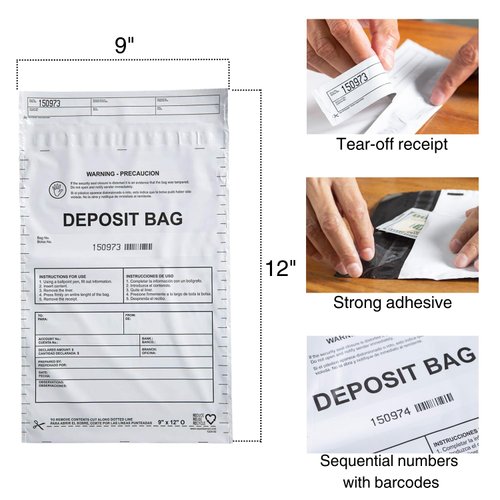 USPACKSMART Opaque Plastic Deposit Bags 9"x12" | Secure Bank Deposits, Cash Handling or Safe Currency Transportation | Sequential Barcodes | Tamper-Evident | Tear-Off Receipt for Security | 100-Pack