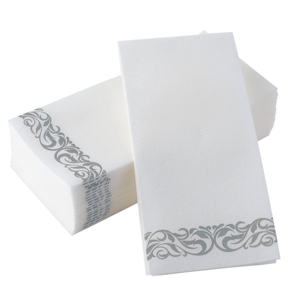 BloominGoods Disposable Linen Feel Hand Paper Napkins, 4"x8.5" folded, 12"x17" unfolded, Silver (Pack of 100)