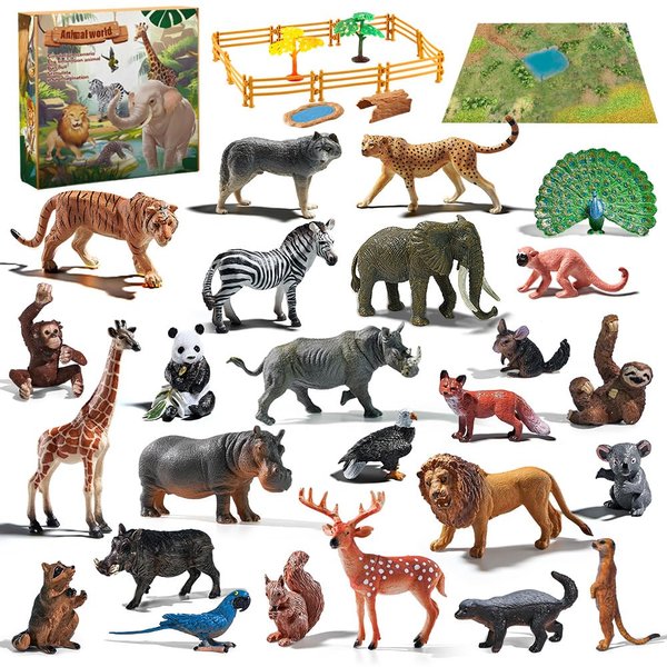 SOUMEL Realistic Animal Toys for Kids 3-5-7 Toddlers, 25pcs Safari Animals Figures Playset, Wild Zoo Animal Figurines Plastic Toy Set for Boys and Girls Gifts with Play Mat