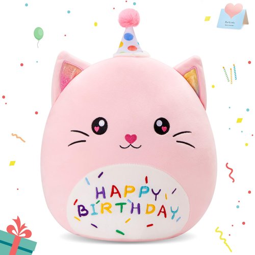 Houwsbaby 14" Pink Birthday Cat Plush Pillow Toy,Creative Cat Stuffed Animal,Super Squishy Cute Cat Shaped Birthday Gift, Party Decoration for Kids and Adults