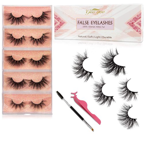 GOO GOO Mink Eyelashes, Middle Long Crossed Cluster Type False Eyelashes 18mm-25mm 5 Styles Multipack Natural Layered Hand Made Strips Siberian 3D Mink Lashes Fluffy Full Fake Eyelashes