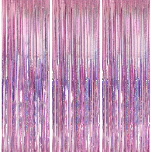 Crosize 3 Pack 3.3 x 9.9 ft Pink Foil Fringe Backdrop Curtain, Streamer Backdrop Curtains, Streamers Birthday Party Decorations, Tinsel Curtain for Parties, Galentines Decor, Preppy, Photo Booth