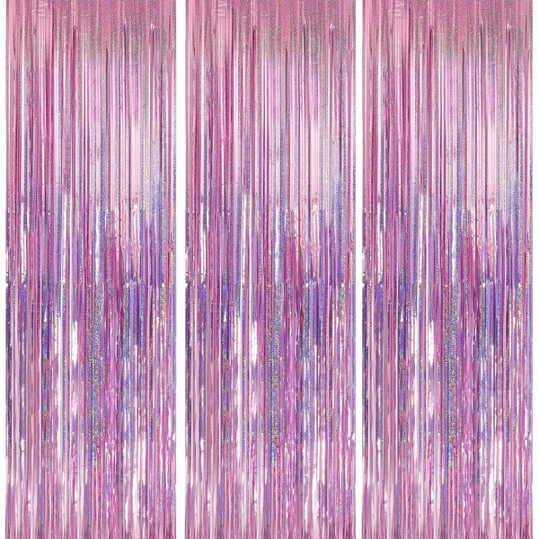Crosize 3 Pack 3.3 x 9.9 ft Pink Foil Fringe Backdrop Curtain, Streamer Backdrop Curtains, Streamers Birthday Party Decorations, Tinsel Curtain for Parties, Galentines Decor, Preppy, Photo Booth