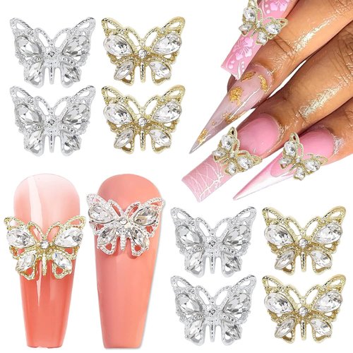 3D Butterfly Nail Charms for Acrylic Nails 10 PCS Metal Butterfly Nail Art Charms with Diamonds Gold Silver Butterflies Nail Charms Rhinestones Decoration DIY Alloy Jewelry Accessories