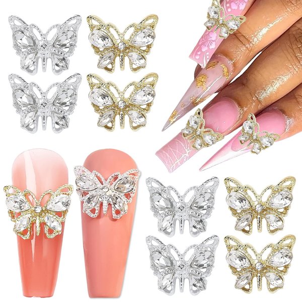 3D Butterfly Nail Charms for Acrylic Nails 10 PCS Metal Butterfly Nail Art Charms with Diamonds Gold Silver Butterflies Nail Charms Rhinestones Decoration DIY Alloy Jewelry Accessories