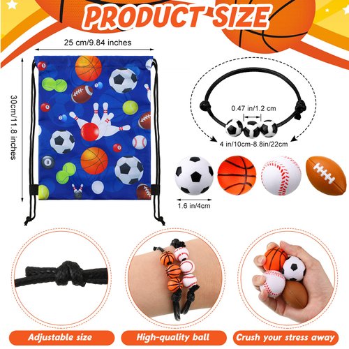 Panelee 16 Sets Sports Party Favors Supplies Include 16 Pcs Balls Drawstring Bags String Backpack 16pcs Sport Theme Charm Bracelets 16 Pcs Mini Foam Sports Balls for Sports Birthday Party Supplies