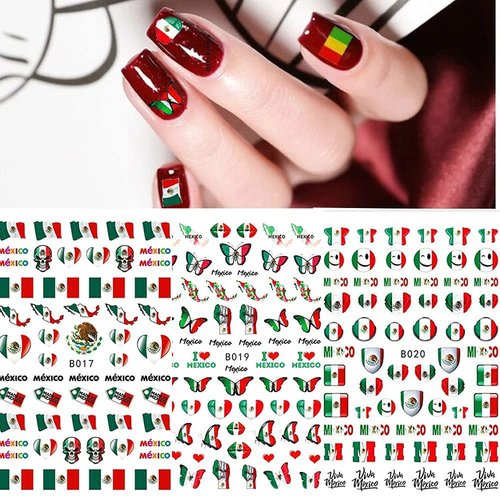 Mexican Flag Nail Art Stickers Patriotic Nail Decals 3D Self Adhesive Nail Art Supplies Mexico Flag Badge Heart Skull Butterfly Nail Design Stickers for Nail Art Decoration DIY Manicure Tips(6 Sheets)