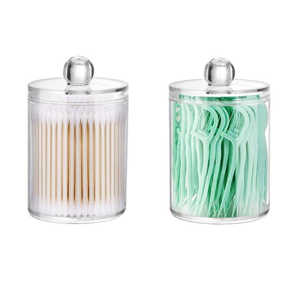 DAPOWER 2 Pack Qtip Holder Storage Canister for Cotton Ball, Cotton Swab, Pads, Floss; 10-Ounce Clear Plastic Apothecary Jar with Lid, Bathroom Makeup Organizer (2)