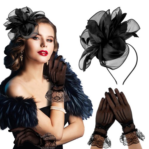 Sibba Tea Party Hat with Lace Gloves 1920s Vintage Fascinator Hats Cocktail Flower Headpiece for Women Girl Black Wedding Ribbons Feather Hair Clip Pillbox Fascinators Hat Church Banquet Cosplay Party