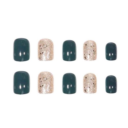 RikView Square Press on Nails Short Fake Nails Green Nails with Glitter Design Glossy Nails for Women 24 PCS
