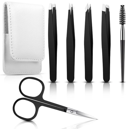 Honoson 6 Pcs Eyebrow Tweezers Set for Women Precision Tweezer for Eyebrows with Curved Scissors Eyelash Brush Girls Facial Hair Plucking Daily Beauty Tools with Leather Storage Case(Classic Color)