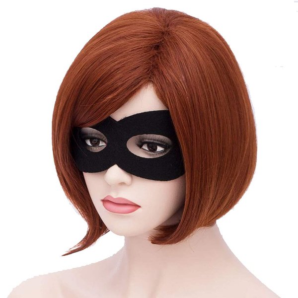 RightOn Orange Wig Short Straight Bob Wig Dark Orange Wig for Cosplay Party Wig Cap and Eye Mask Included