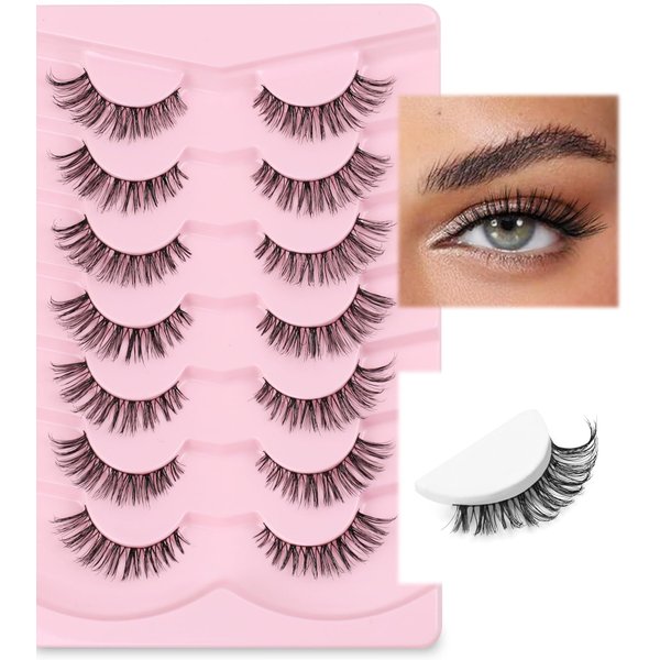 Lashes False Eyelashes Natural Cat Eye Lashes 14mm Wispy Eyelashes with Thin Memory Band Volume False Lashes Soft Strip Lashes Pack C Curl Natural Eyelashes Fake Lashes 7 Pair EVENTILL