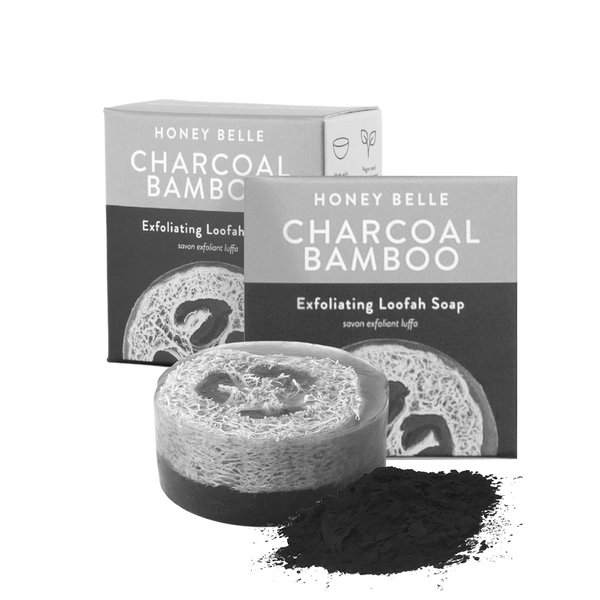 Honey Belle Natural Loofah Soap Bar 2-Pack | Detoxifying Skin Scrub Exfoliating Soap with Loofah Inside | Eco-Friendly, Moisturizing, All Natural Soap with Loofah Built In Paraben-Free (Charcoal)