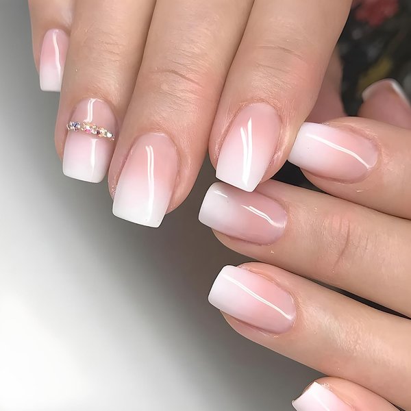 24 Pcs Medium Press on Nails Square Pink Fake Nails Gradient False Nails with Rhinestone Designs Full Cover Stick on Nails French Nails for Women and Girls Fall Nails