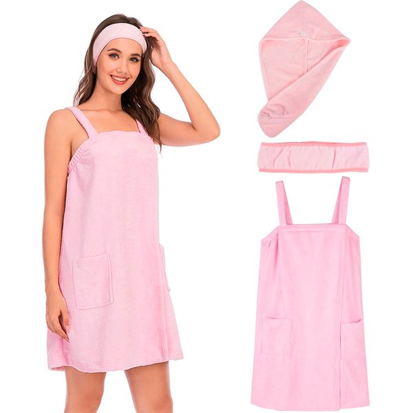 QZUnique Towel Wrap with Straps, Women Shower Bath Robes Turban&Headband Bathrobe Dress with Velcro Adjustable