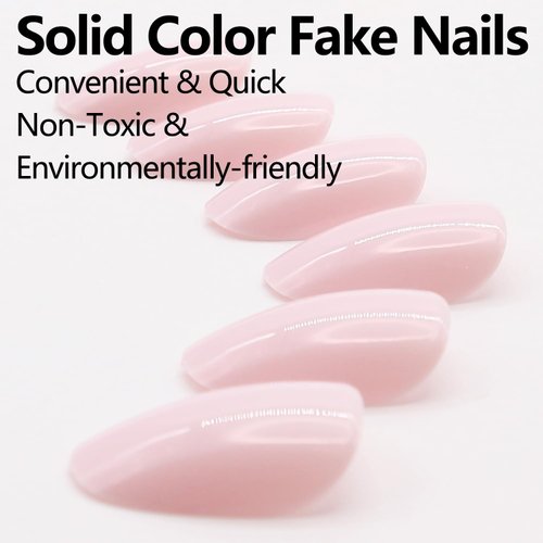 Almond Press on Nails Short,Pink White Fake Nails Solid Color RIICFDD Oval False Nails Artificial Nails Glossy Stick on Nails Full Cover Reusable Glue on Nails for Women Acrylic Nails 24 Pcs